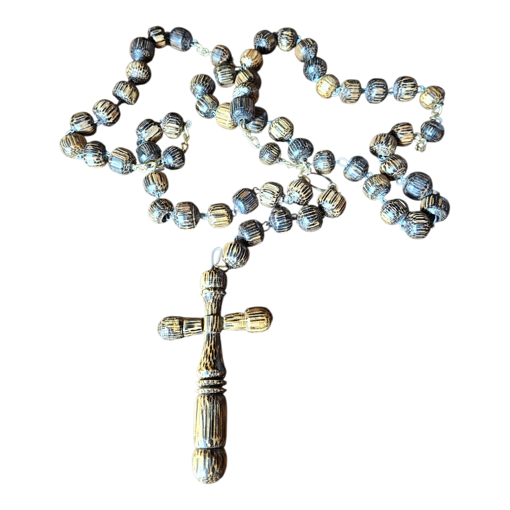 Elegant Wood Tone Beaded Cross Rosary Necklace